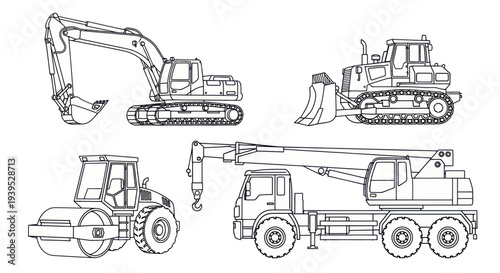 Heavy Construction Machinery Line Art - Excavator, Bulldozer, Roller, Crane