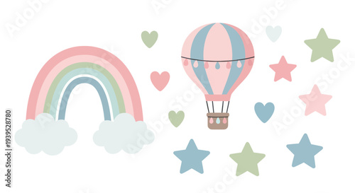 Pastel Rainbow, Hot Air Balloon, Stars and Hearts - Baby Shower Decor