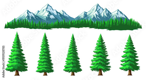 Pixel Art Mountain Range with Pine Forest and Evergreen Trees