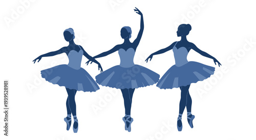 Three ballet dancers in blue tutus and pointe shoes performing a graceful pose