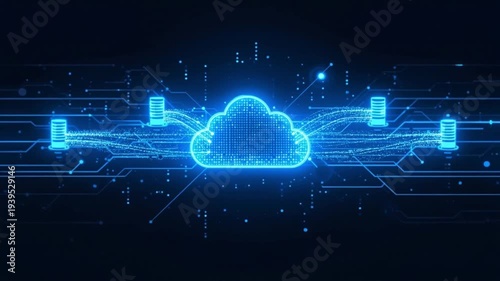 Glowing Cloud Secure Data Transfer Between Servers, Cyber Security Network Animation, Seamless Loop 4K