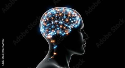 Silhouette of a Woman with a Brain Filled with Lights and Stars.