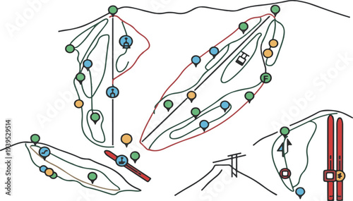 Ski trail map with difficulty levels and markers ski resort