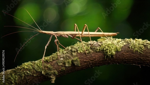 Camouflaged Stick Insect on Mossy Branch in Lush Greenery.
