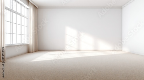 Empty room with large window and beige carpet
