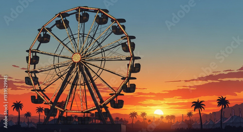 Ferris wheel at sunset with palm trees in the background amusement park scene