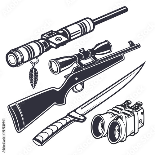 A vector illustration of a set of isolated black and white steel sword weapons and metal hunting tools on a white background