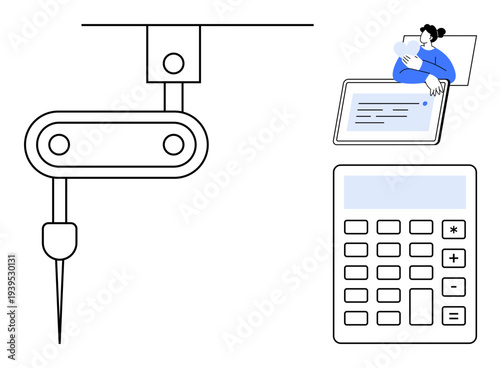 Automation concept. Features CNC machine for precision manufacturing, a digital tablet for data input, and a calculator for accurate computation. For manufacturing, digital tools, engineering