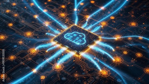 Glowing Cloud Secure Data Transfer Between Servers, Cyber Security Network Animation, Seamless Loop 4K