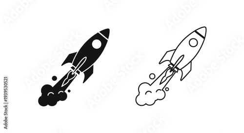 Two rocket ship icons one solid and one outline silhouette