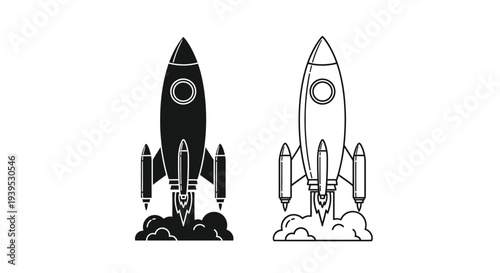 Two rocket ships ascending with fiery exhaust trails a striking silhouette