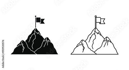 Two mountain peaks with flags a bold graphic design silhouette
