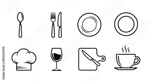 Minimalist black and white icons depicting dining and cooking silhouette