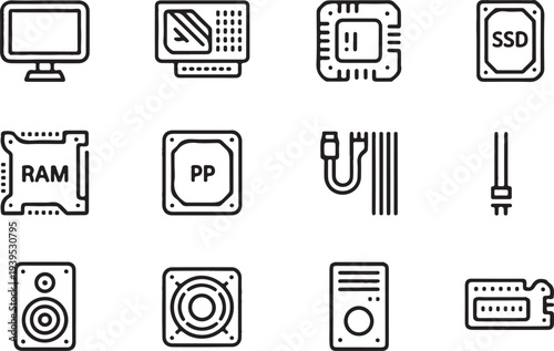 Computer Hardware and PC Components Line Art Icon Set - Monitor, CPU, RAM, SSD, and Peripherals