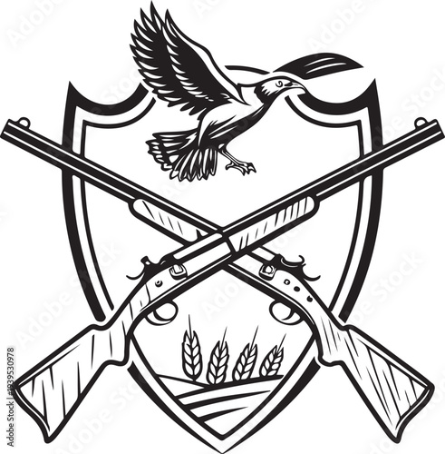 An illustration of a classic hunting emblem, featuring crossed shotguns, a flying duck, and wheat, set against a shield backdrop.