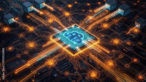 Glowing Cloud Secure Data Transfer Between Servers, Cyber Security Network Animation, Seamless Loop 4K