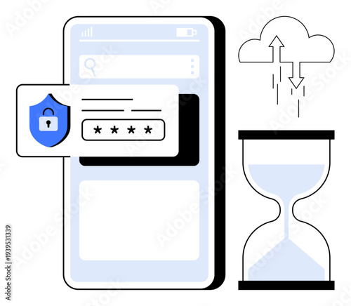 Data security concept. Data security highlighted with mobile passcode protection, cloud syncing, and time efficiency. Data security for apps, cloud systems, privacy, and fintech solutions
