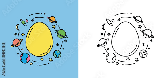 Space and Universe Themed Easter Egg with Planets Stars and Moon Vector Illustration Set - Colored and Line Art Versions for Kids Science Coloring Activity and Creative Holiday Graphic Design