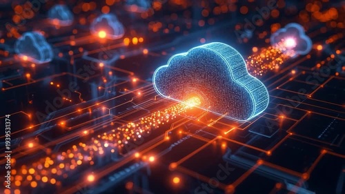 Glowing Cloud Secure Data Transfer Between Servers, Cyber Security Network Animation, Seamless Loop 4K