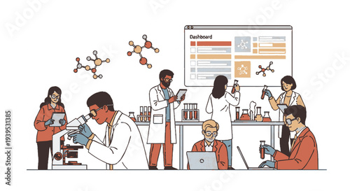 Scientists in lab coats working together in laboratory setting with various equipment and molecules