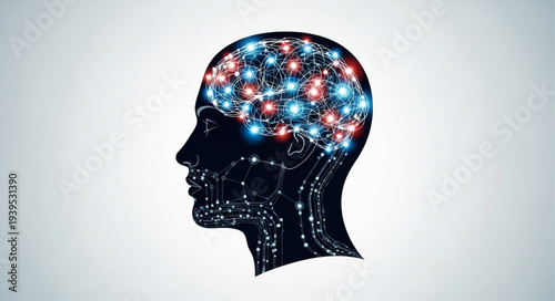 Silhouette of Human Head with Brain and Neural Network Visualization.