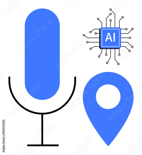 Voice technology, artificial intelligence, location services, voice recognition, navigation, digital innovation. Blue microphone, AI chip and location pin icon. Voice recognition and AI technology