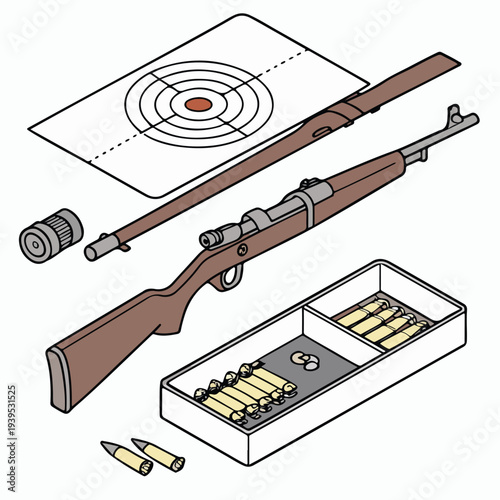 An illustration of a rifle and its components, set against a target, representing the precision of shooting sports.