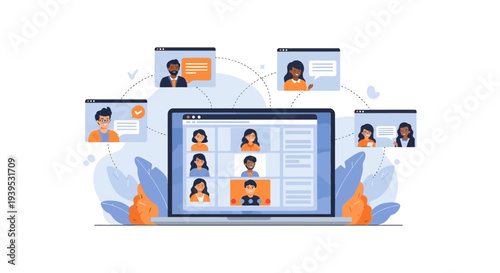 Diverse Team Participating in Online Video Conference Meeting on Laptop. Virtual Collaboration and Remote Work Concept.