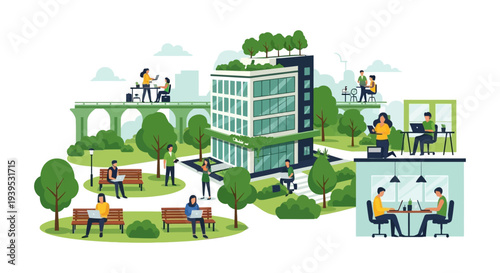 Hybrid Work Environment: Professionals Working in Modern Green Office Building and Lush Outdoor Park Spaces