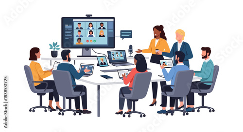 Diverse Team in Hybrid Meeting, Blending In-Office Presence with Remote Video Conference Call