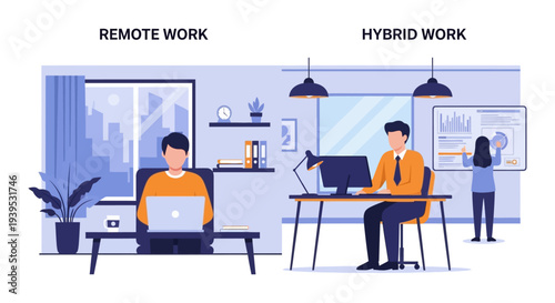 Remote Work vs. Hybrid Work Models Illustration: Comparing Flexible Workplace Strategies, Home Office, and Collaborative Office Environments for Modern Businesses