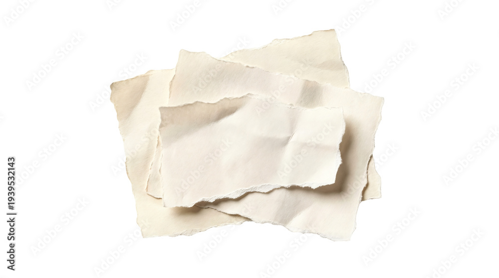 Obraz premium Stack of torn beige paper sheets with rough ripped edges isolated on white background, textured blank scrap paper for collage, mockup, design overlay