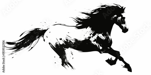 Dynamic brushstroke painting depicts a powerful black and white horse