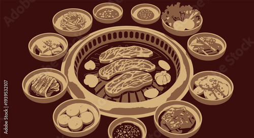 Korean BBQ grill with various side dishes and ingredients.