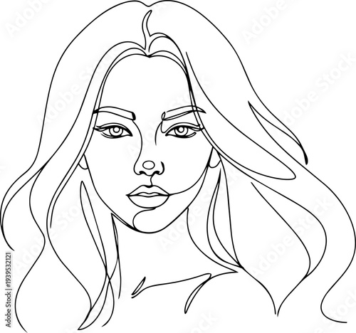 portrait of a girl flowing hair  line art 