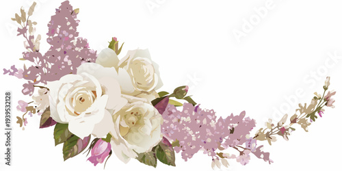 A delicate arrangement of white roses lilac and blossoming branches