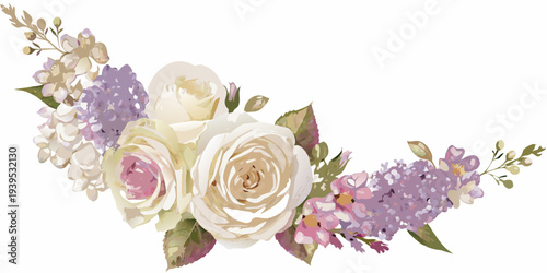 Delicate floral arrangement featuring roses lilac and small white blossoms