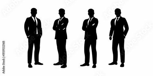 Four silhouetted businessmen standing with arms crossed in a row