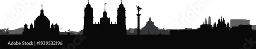 Flat vector city skyline silhouette with historic landmarks, cultural architecture, urban design, Mexico City illustration, tourism concept, modern minimal art