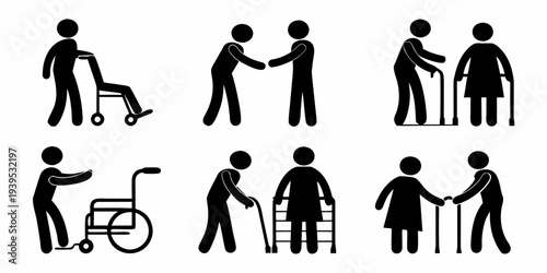 Accessibility pictograms depicting seniors and individuals with mobility aids