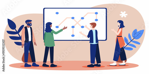 Team collaborating around a whiteboard displaying a data analysis chart