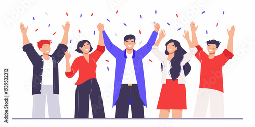 A group of people celebrating with arms raised and confetti falling