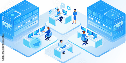 Isometric illustration of data center with people working at computers