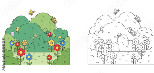 Spring Garden Scene with Hidden Easter Eggs Flowers and Butterflies Vector Illustration Set for Kids Coloring Book and Creative Hobby Activity Isolated on White Background