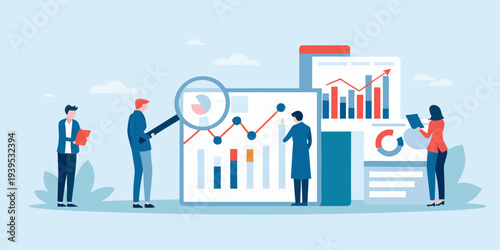 Team analyzing data and growth charts with digital devices and graphs