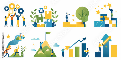 Illustrations depicting teamwork success growth and achievement concepts