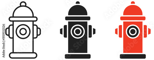 Fire Hydrant Vector Icon Set, illustration featuring emergency water supply symbols in outline, glyph, and flat styles, isolated graphics perfect for safety, firefighting, urban design, and emergency 
