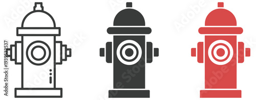 Fire Hydrant Vector Icon Set, professional vector pack showing hydrants in flat, outline, and glyph designs, scalable icons ideal for fire safety apps, emergency signage, infrastructure plans, 