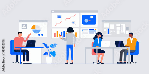 Team collaboration and data analysis in a modern office environment