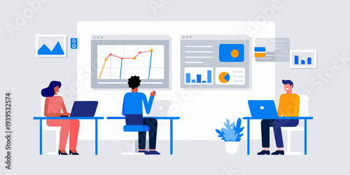 Team analyzes data and collaborates on a project using technology